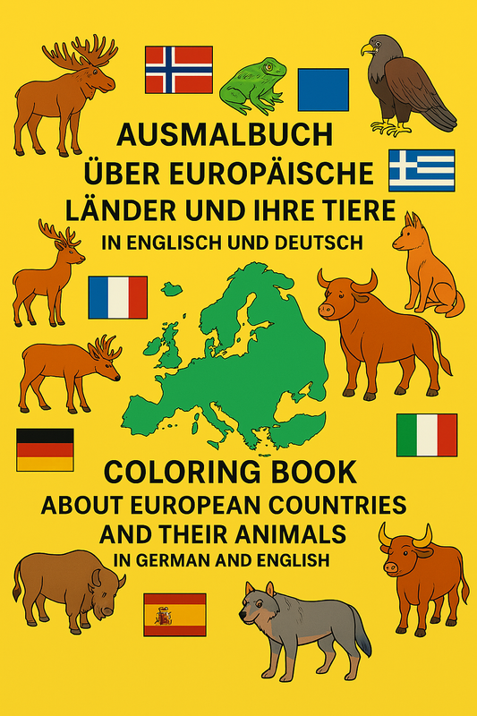 Malbuch über Europäische Länder und Ihre Tiere in Englisch & Deutsch