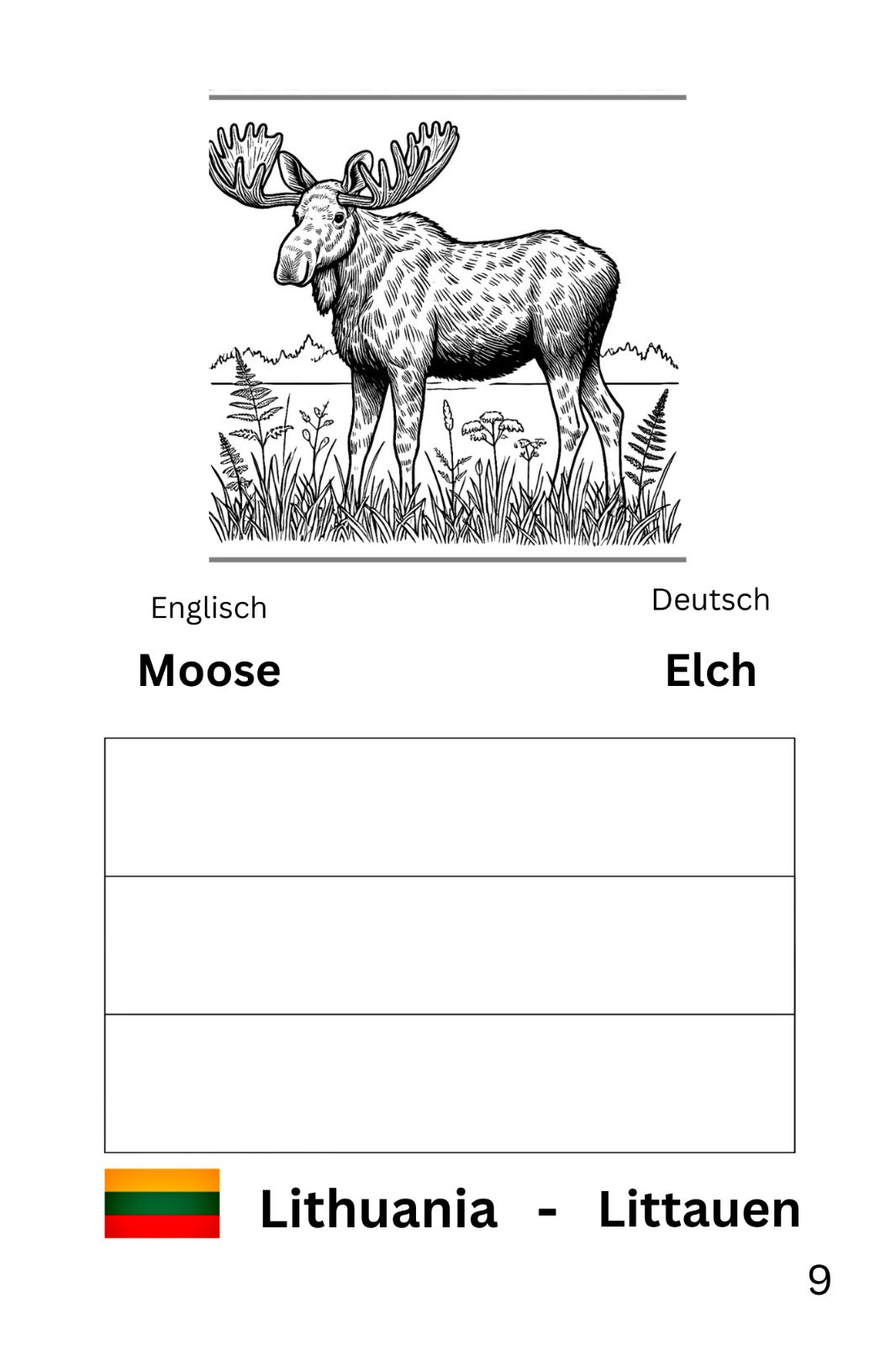 Malbuch über Europäische Länder und Ihre Tiere in Englisch & Deutsch